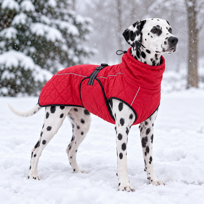 Dalmatien portant un manteau pour chien imperméable et chaud rouge sur la neige

