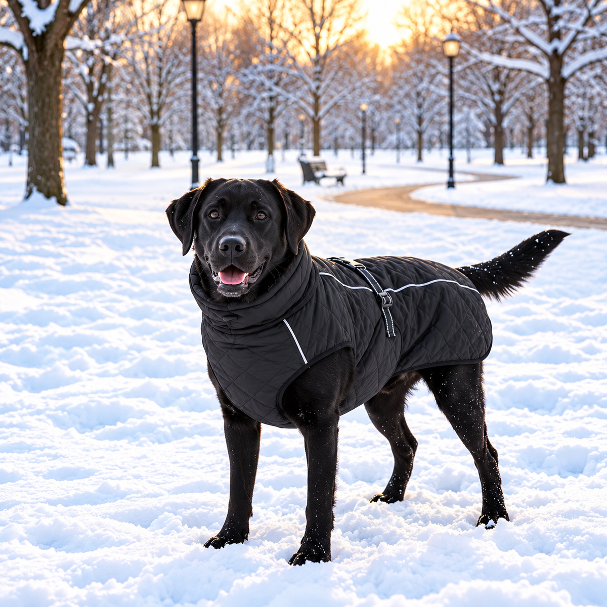 Chien portant un manteau pour chien imperméable et chaud sur la neige, photo modèle en hiver
