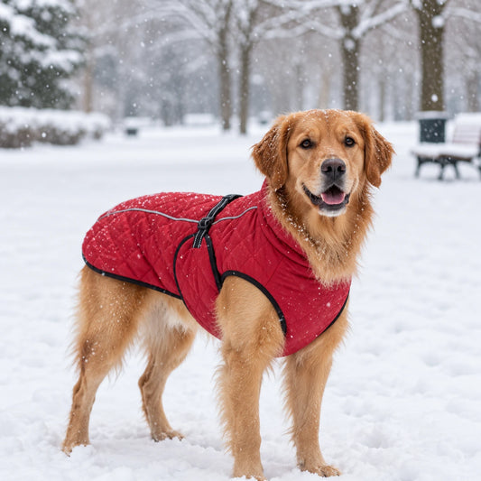 Golden retriever portant un manteau pour chien imperméable et chaud rouge sur la neige
