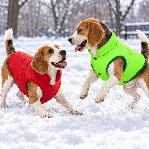 Beagles portant des manteaux pour chien rembourrés en peluche vert et rouge
