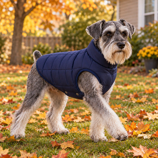 Schnauzer portant un manteau pour chien rembourré en peluche bleu, en extérieur
