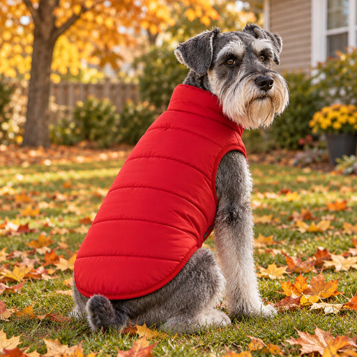 Schnauzer portant un manteau pour chien rembourré en peluche rouge, en extérieur
