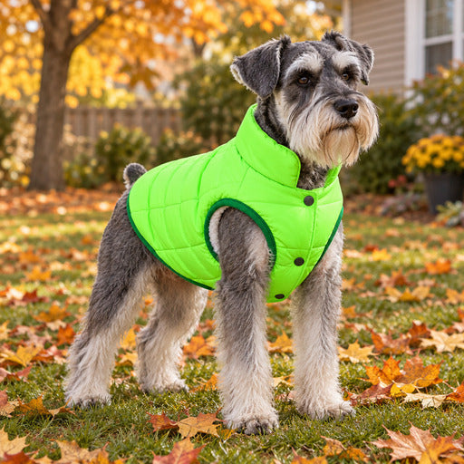 Schnauzer portant un manteau pour chien rembourré en peluche vert, dehors sur les feuilles d'automne