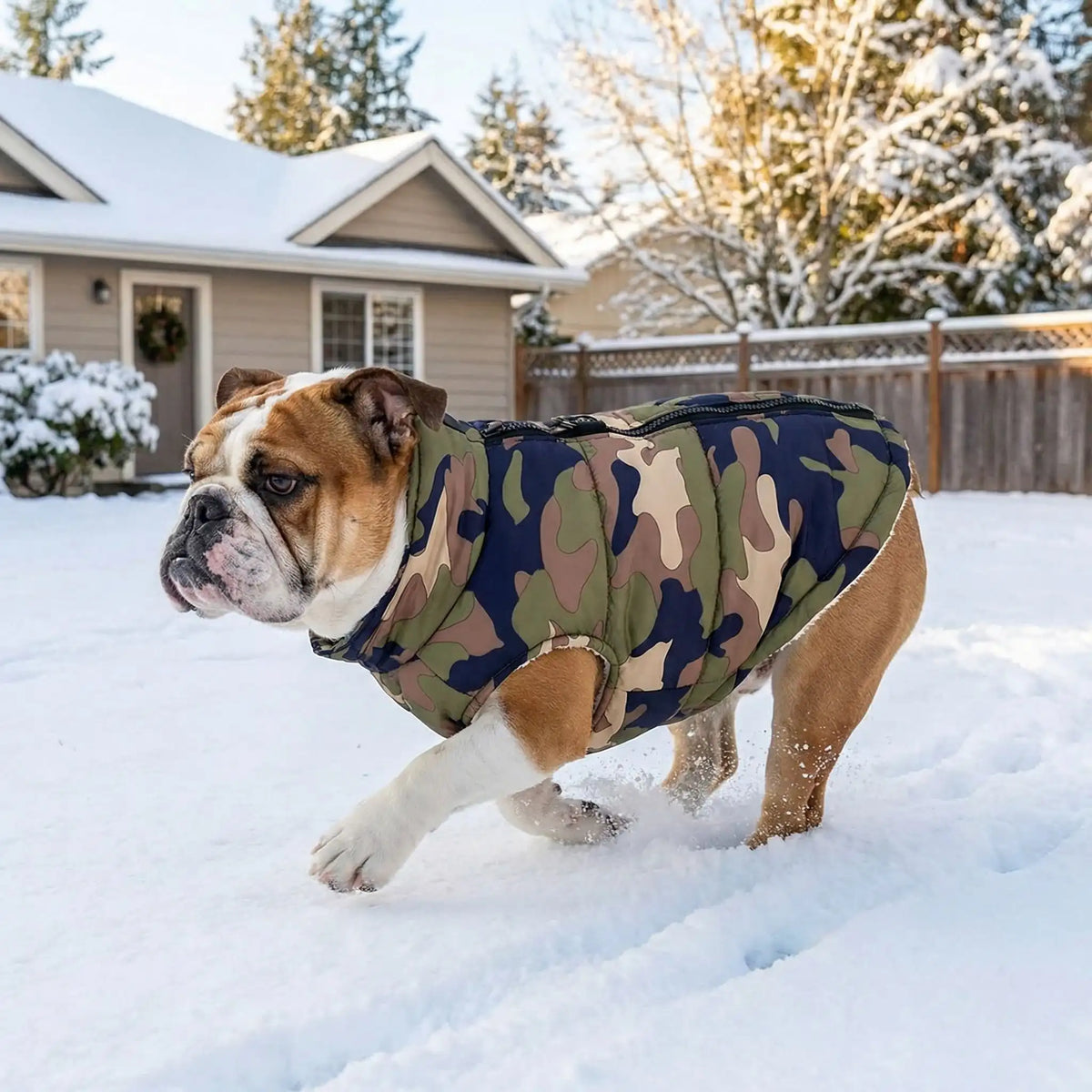 Bouledogue portant le manteau chien thermique camouflage en hiver