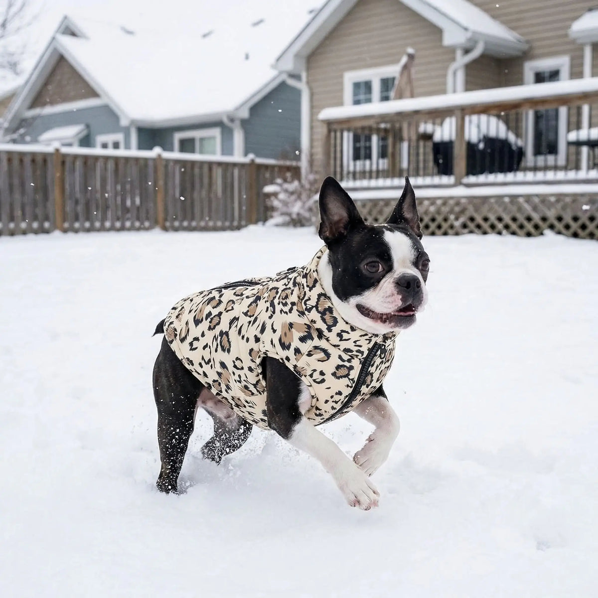 Boston terrier portant le manteau chien thermique léopard dans la cour en hiver