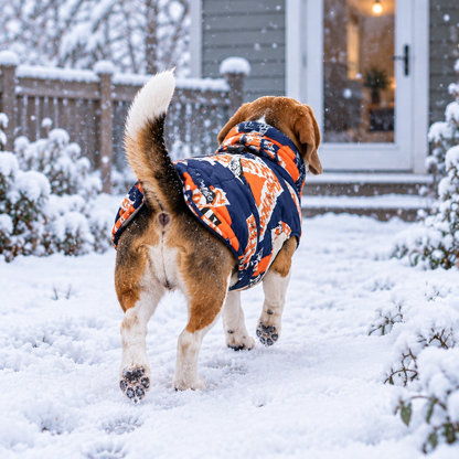 Beagle portant le manteau chien thermique Voyage bleu et orange en hiver