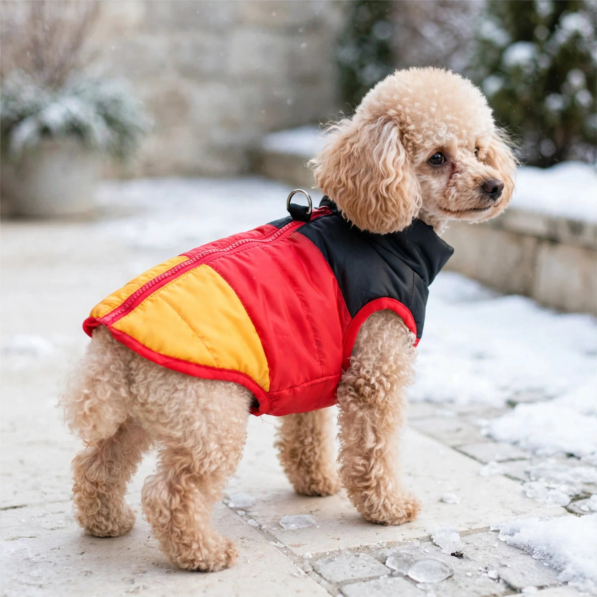 Caniche portant un manteau chien hiver matelassé noir rouge et jaune, veste de neige sans manches à fermeture éclair dorsale 
