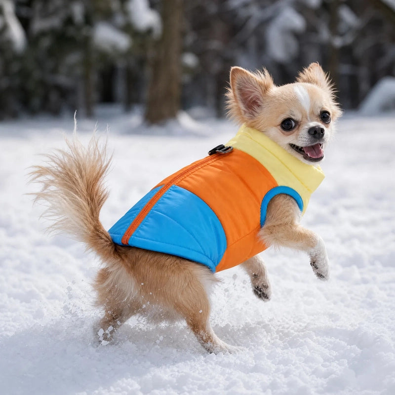 Chihuahua en manteau chien hiver porté qui joue dans la neige
