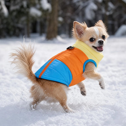 Chihuahua en manteau chien hiver porté qui joue dans la neige
