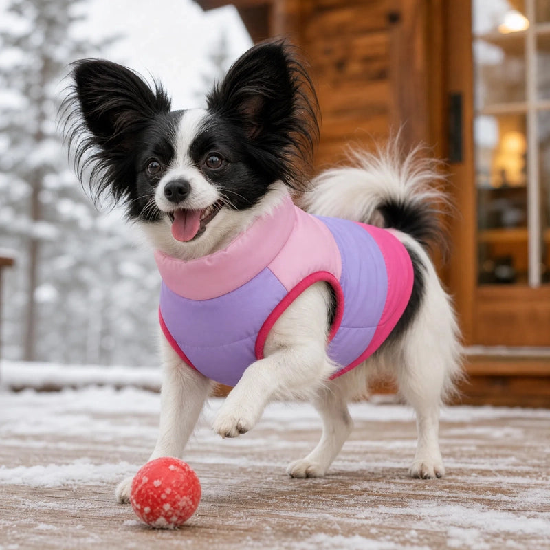 Chien papillon en manteau chien hiver rose mauve sur un terrain enneigé
