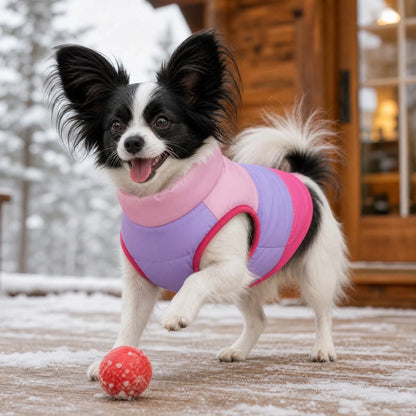 Chien papillon en manteau chien hiver rose mauve sur un terrain enneigé
