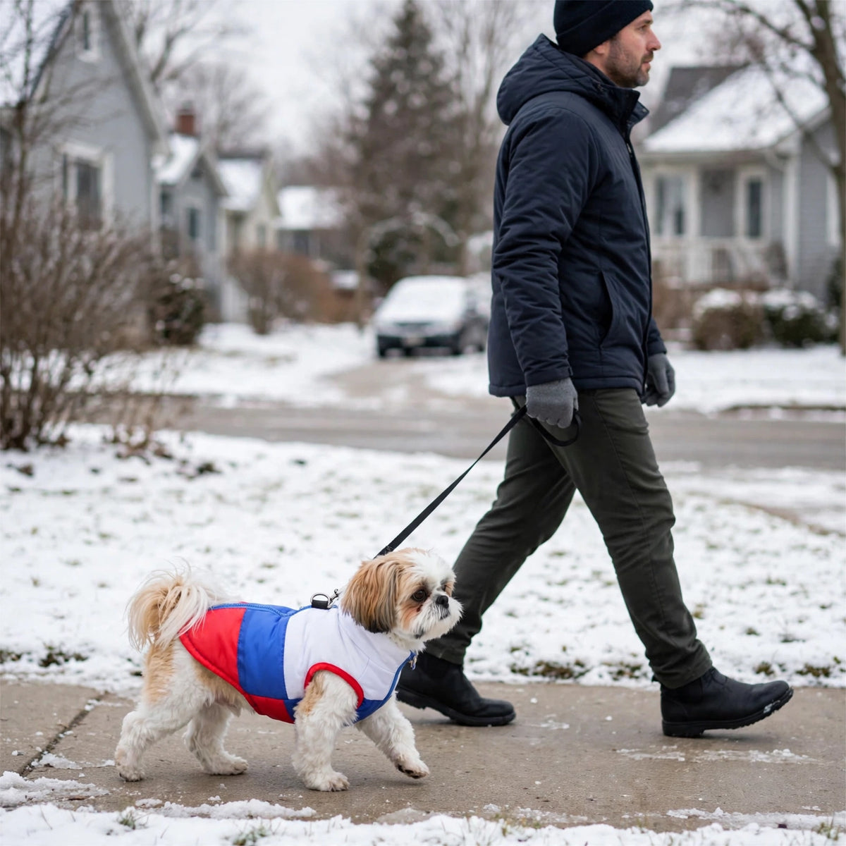Shih tzu en manteau chien hiver blanc bleu et rouge en promenade en laisse sur un trottoir enneigé 
