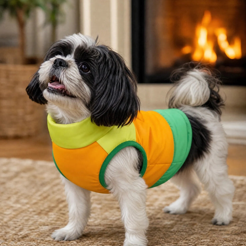 Shih tzu portant un manteau chien hiver, veste de neige matelassé devant un foyer