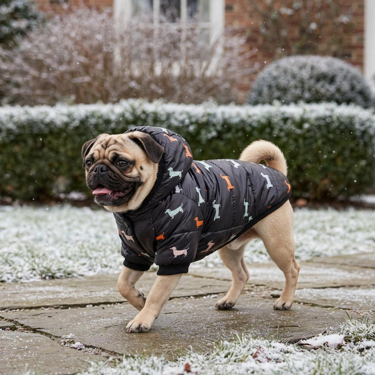 Carlin portant le manteau noir à motif teckel dans un jardin en début d'hiver