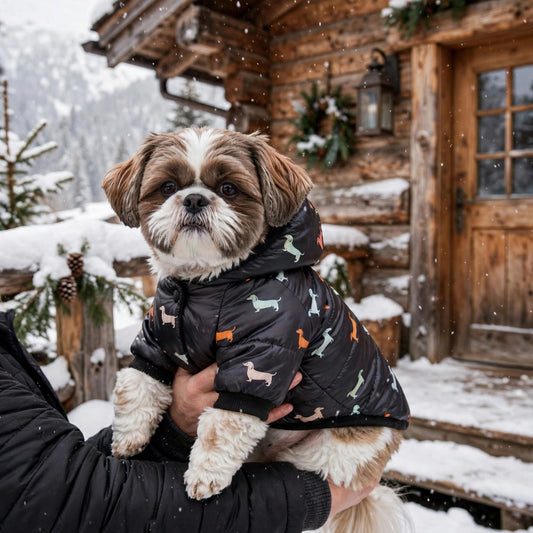 Shih tzu tenu dans les bras portant le manteau noir à motif teckel devant un chalet enneigé