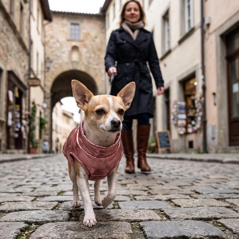 Chihuahua tenu par sa maîtresse sous la neige, portant un manteau pour chien rose métallisé matelassé à col haut
