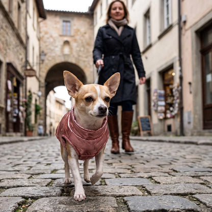 Chihuahua tenu par sa maîtresse sous la neige, portant un manteau pour chien rose métallisé matelassé à col haut
