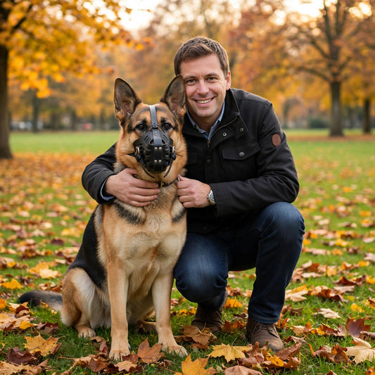 Homme accroupi avec son berger allemand portant la muselière masque de défense d'entraînement en cuir, dans un parc en automne