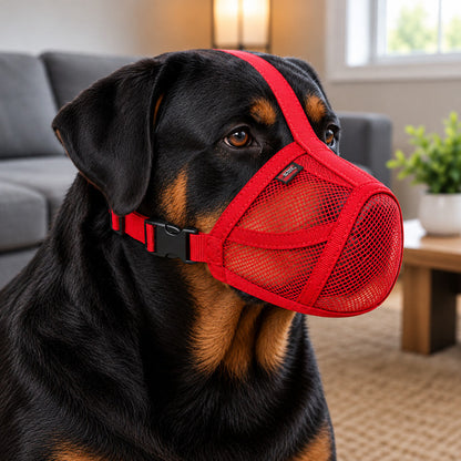 Rottweiler portant la muselière anti-aboiement rouge, museau bien enveloppé dans la maille