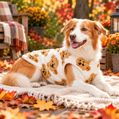 Chien portant le pull blanc à motifs oursons, couché sur un tapis sur un patio d'automne parsemé de feuilles mortes