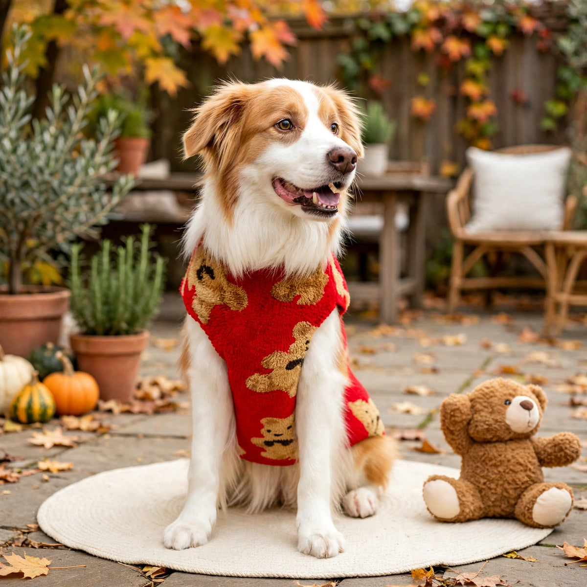 Chien portant le pull rouge à motifs oursons, assis sur un patio d'automne à côté d'un ourson en peluche