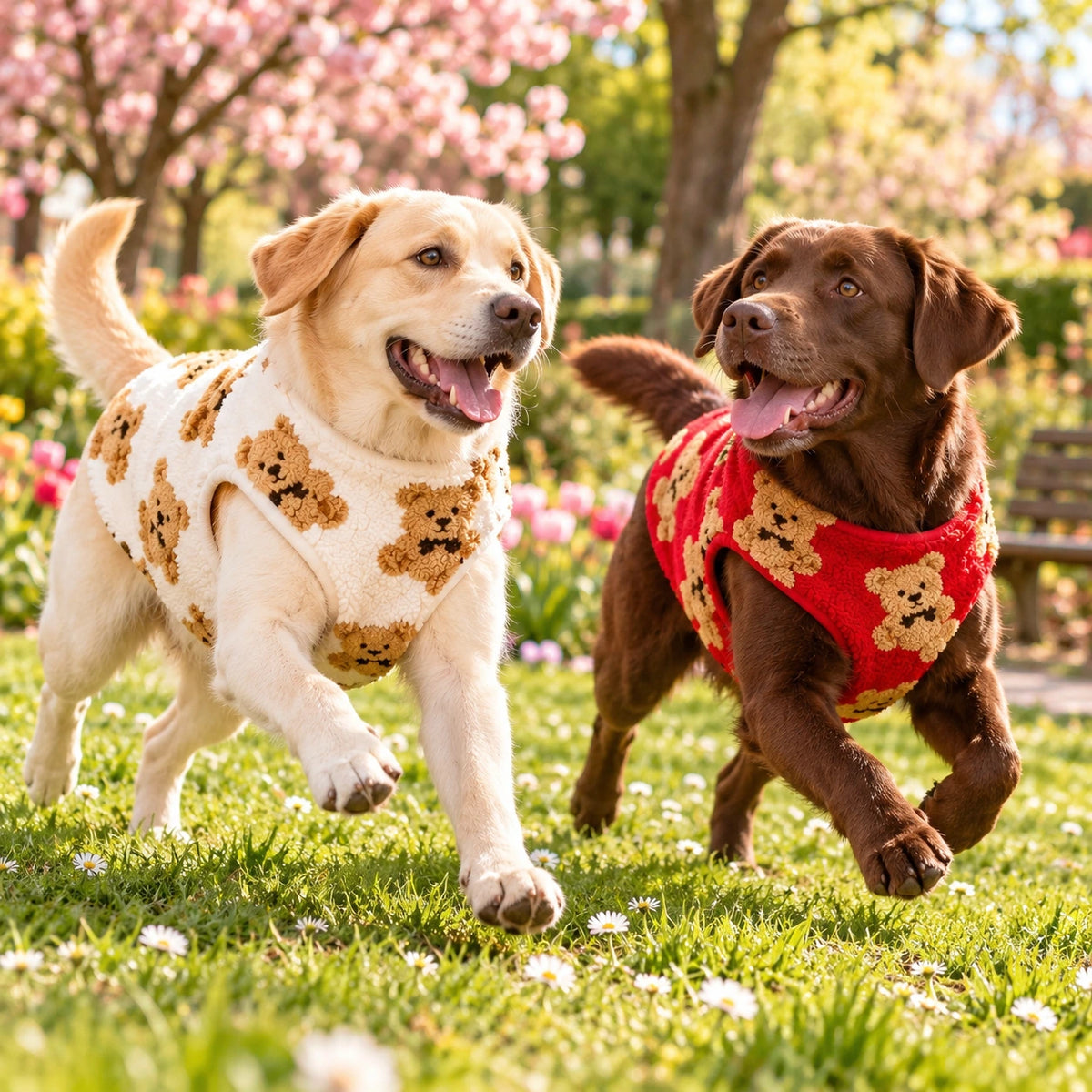 Deux labradors courant dans l'herbe, l'un en pull blanc à motifs oursons, l'autre en pull rouge à motifs oursons