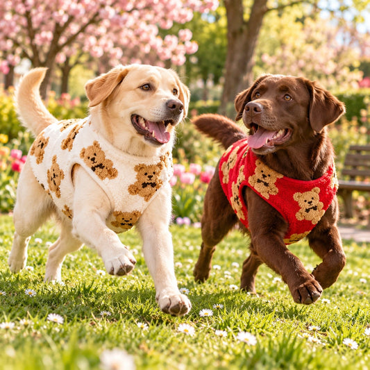 Deux labradors courant dans l'herbe, l'un en pull blanc à motifs oursons, l'autre en pull rouge à motifs oursons