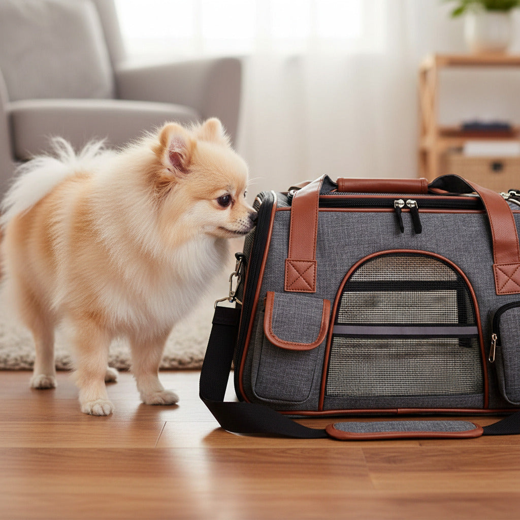 Sac transport chien déplacement facile gris foncé poméranien