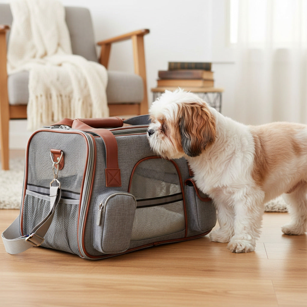 Sac transport chien déplacement facile gris pâle shih tzu