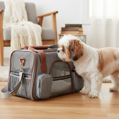 Sac transport chien déplacement facile gris pâle shih tzu