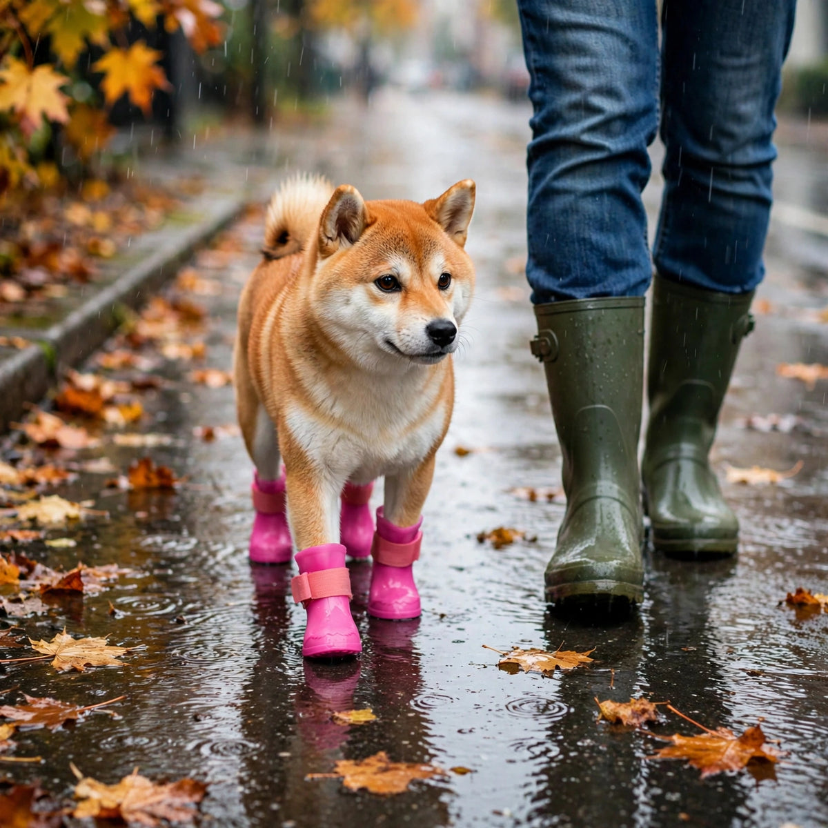 Shiba inu en promenade sous la pluie d'automne avec son maître, portant des bottes de pluie roses en silicone