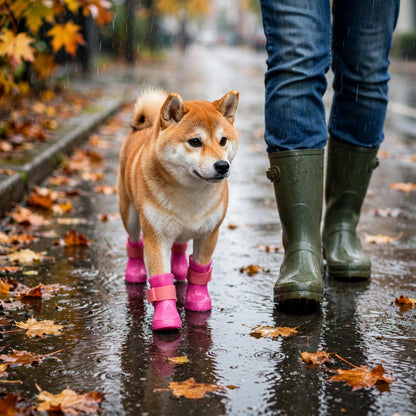 Shiba inu en promenade sous la pluie d'automne avec son maître, portant des bottes de pluie roses en silicone
