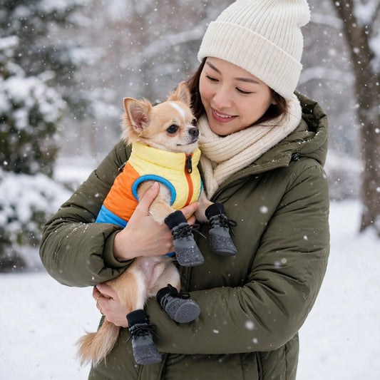  Chihuahua en manteau tricolore dans les bras de sa maîtresse, portant les bottes d'hiver à sangles