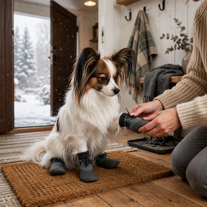  Papillon assis à l'entrée de la maison pendant l'enfilage des bottes d'hiver à sangles