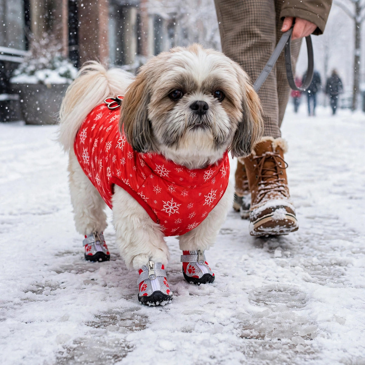 Shih tzu portant des bottes pour chien rouges et une doudoune rouge à motifs de flocons, en promenade sur un trottoir enneigé