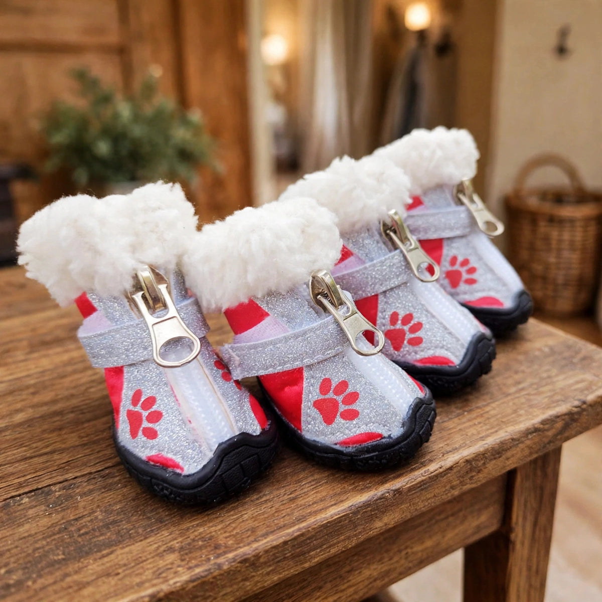 Bottes pour chien blanches et rouges à motifs de pattes et bordure en fausse fourrure, posées sur une table d'entrée en bois