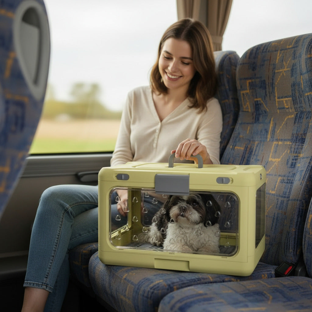 Cage transport  pour chien pliable jaune autobus