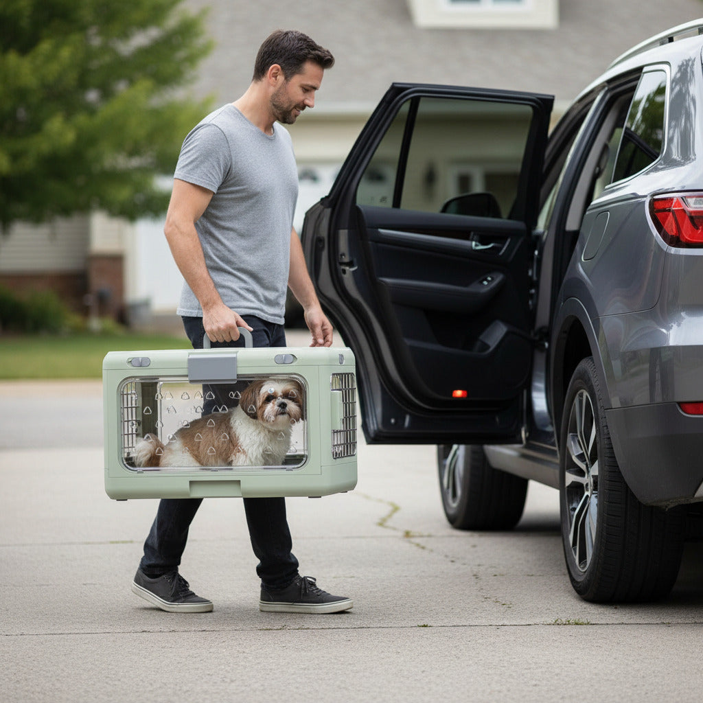 Cage transport  pour chien pliable vert auto