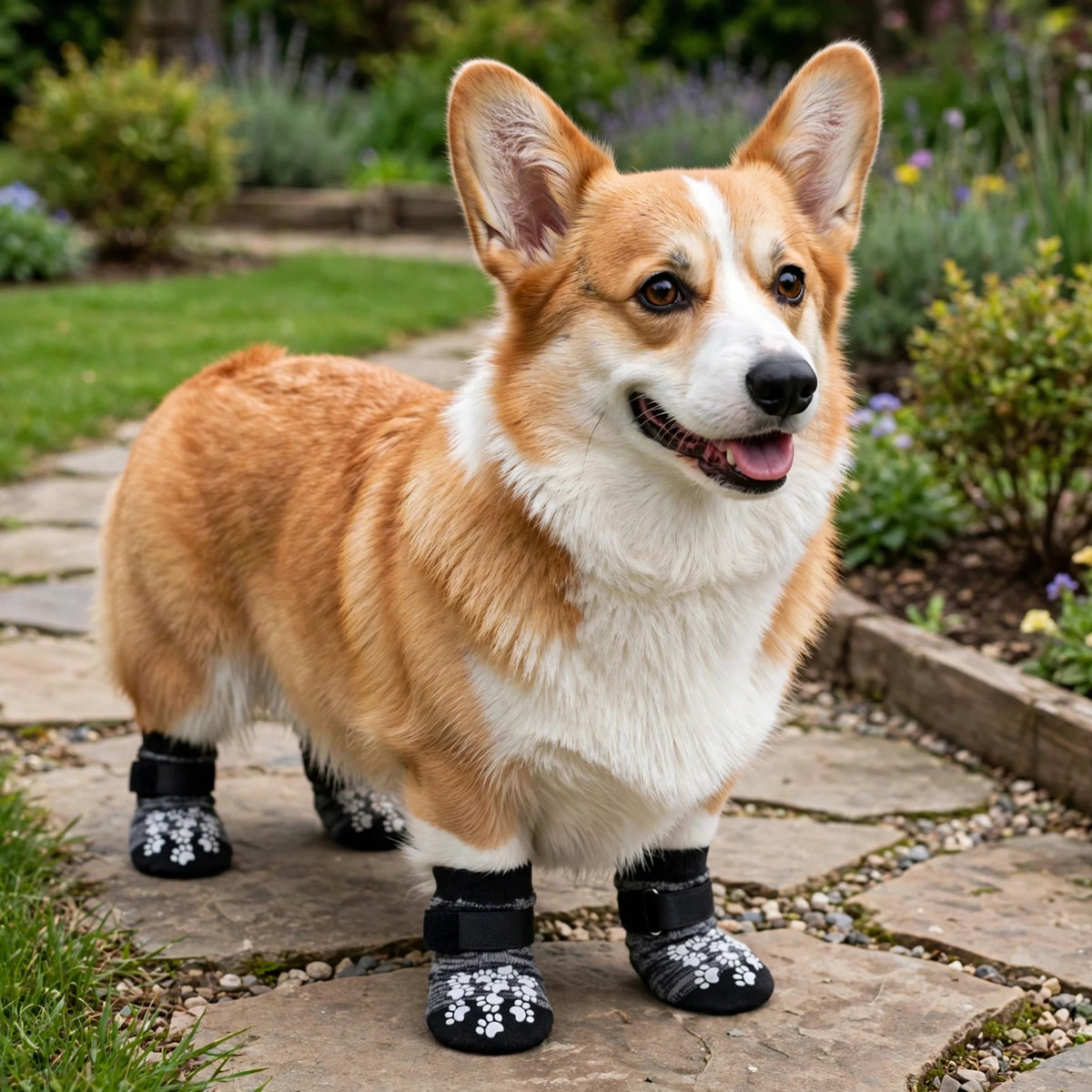 Corgi portant les chaussettes noires antidérapantes dans un jardin.