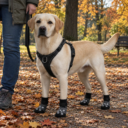Golden retriever portant un harnais et les chaussettes noires antidérapantes dans un parc en automne