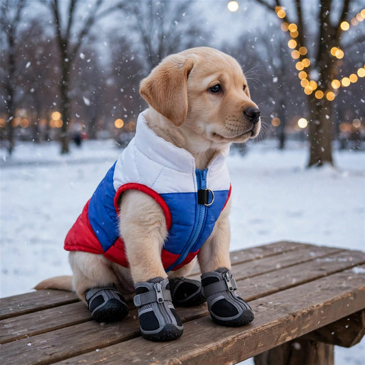 Labrador portant un manteau tricolore bleu blanc rouge et des bottines antidérapantes noires pour chien