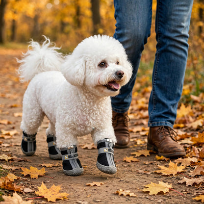 Caniche avec son maître, portant des bottines antidérapantes grises en filet pour chien