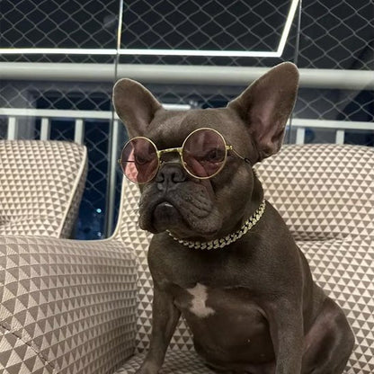 Collier chien diamant métal or rose bulldog Français