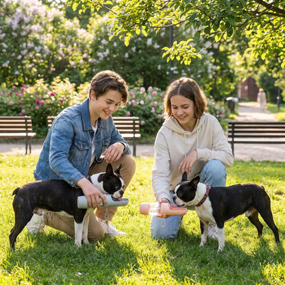 Gourde chien | Accessoire de voyage - gris et rose