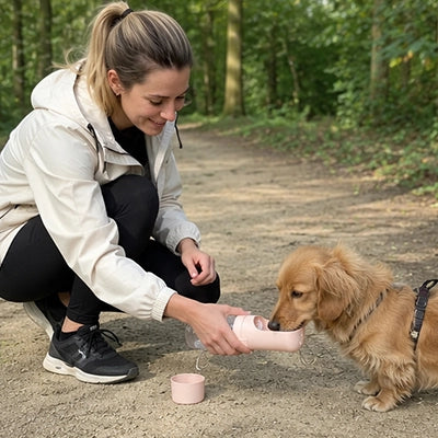 Gourde chien | Accessoire de voyage - gris et rose