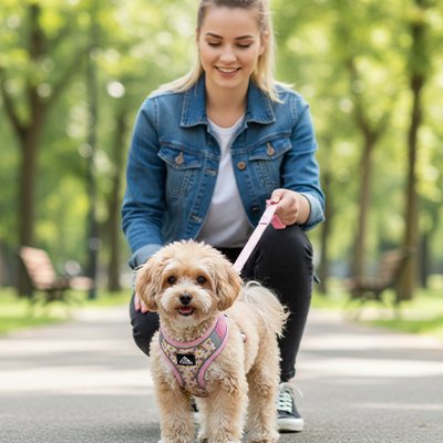Harnais pour petit chien motif marguerite rose shih tzu marche
