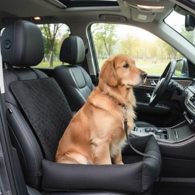 Housse voiture chien noir avec chien brun assis