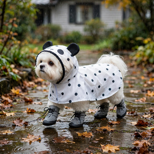 Shih tzu portant l'imperméable blanc à pois noirs avec capuchon panda dans un jardin