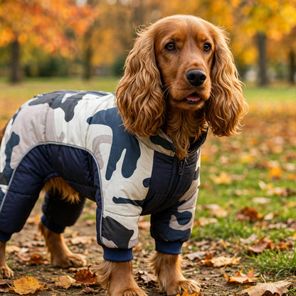 Cocker portant un manteau pour chien camouflage blanc, en promenade dans un décor d'automne

