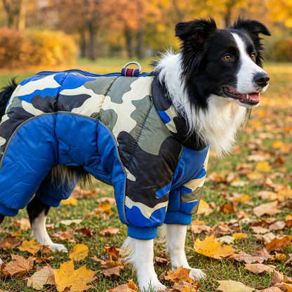 Border collie portant un manteau pour chien camouflage bleu, en extérieur en automne
